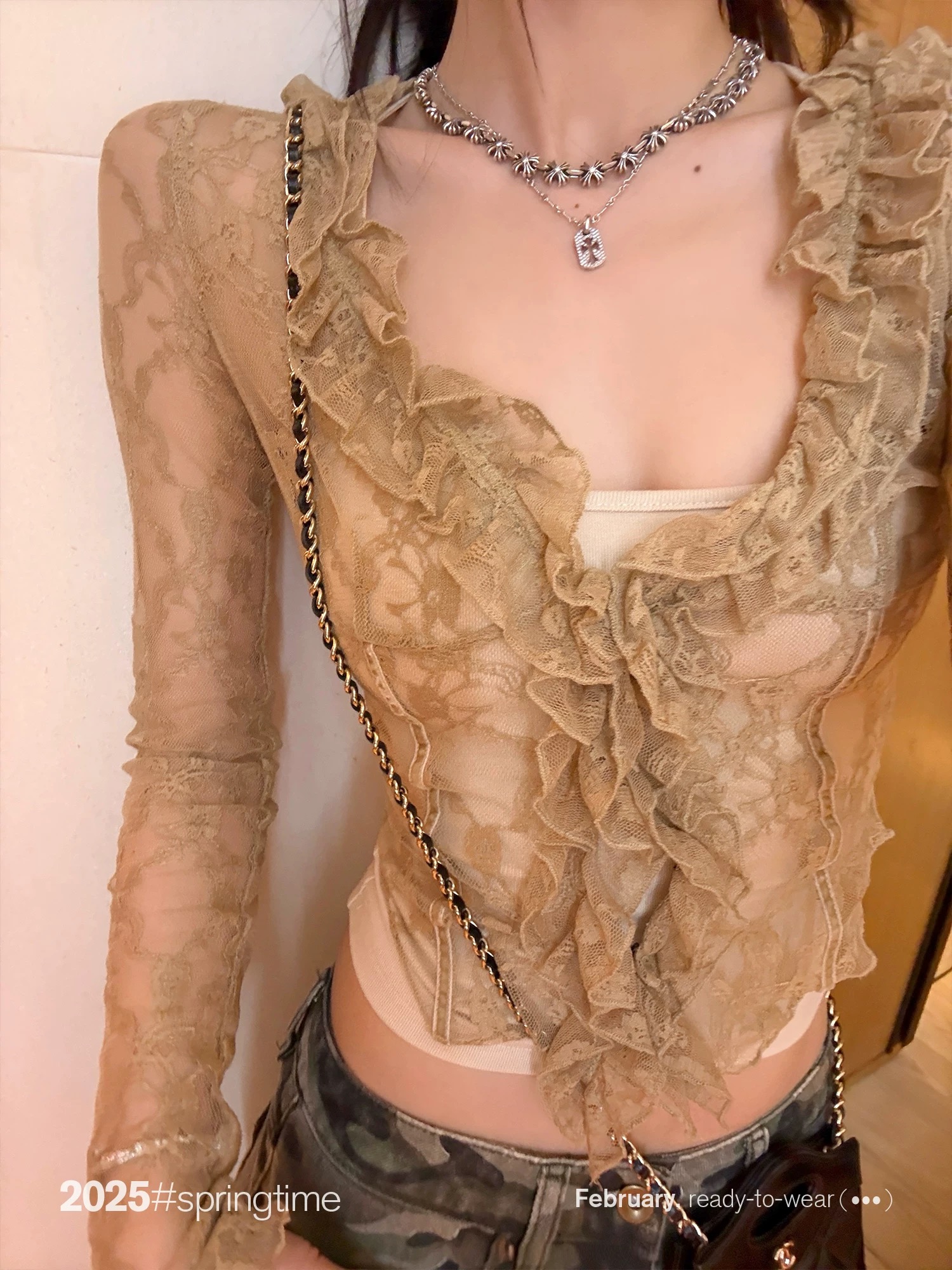 SUNONEONE Micro-transparent mesh lace chiffon shirt for women's spring French long-sleeved V-neck thin niche slim body garment