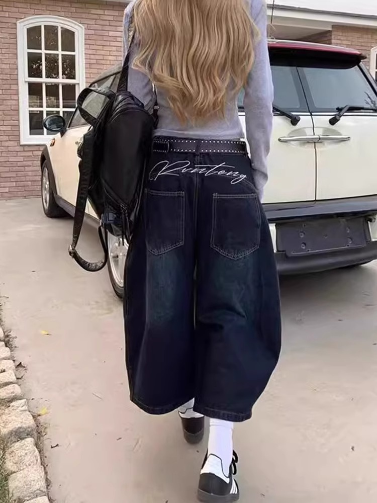 High-quality embroidered seven-point denim shorts for women with high waist loose wide legs slimming scimitar straight mid-leg pants