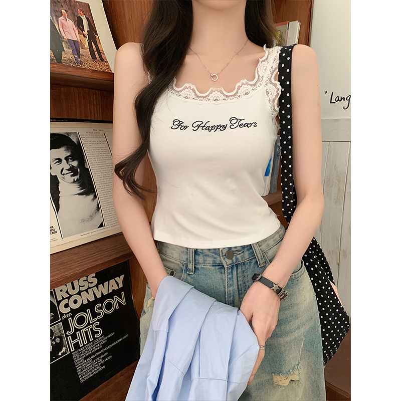 Real shot - White printed letter lace splicing suspender vest for women's new style bottoming top
