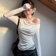 斜肩蕾絲拼接長袖T恤女新款氣質百搭休閒收腰顯瘦上衣潮