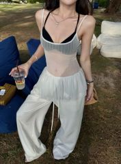 Real-priced American hot girl lace mesh perspective sexy slim fit ruffled vest top set