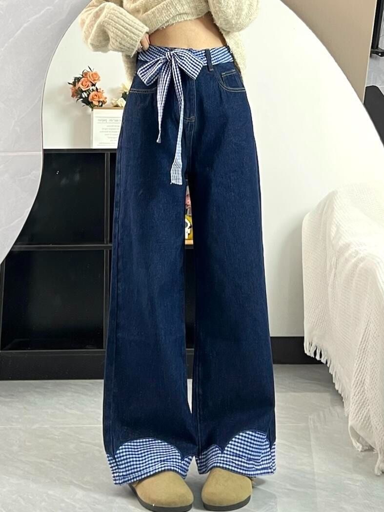 Lace plaid spliced ​​bow jeans for women in spring design straight high waist loose wide-leg pants