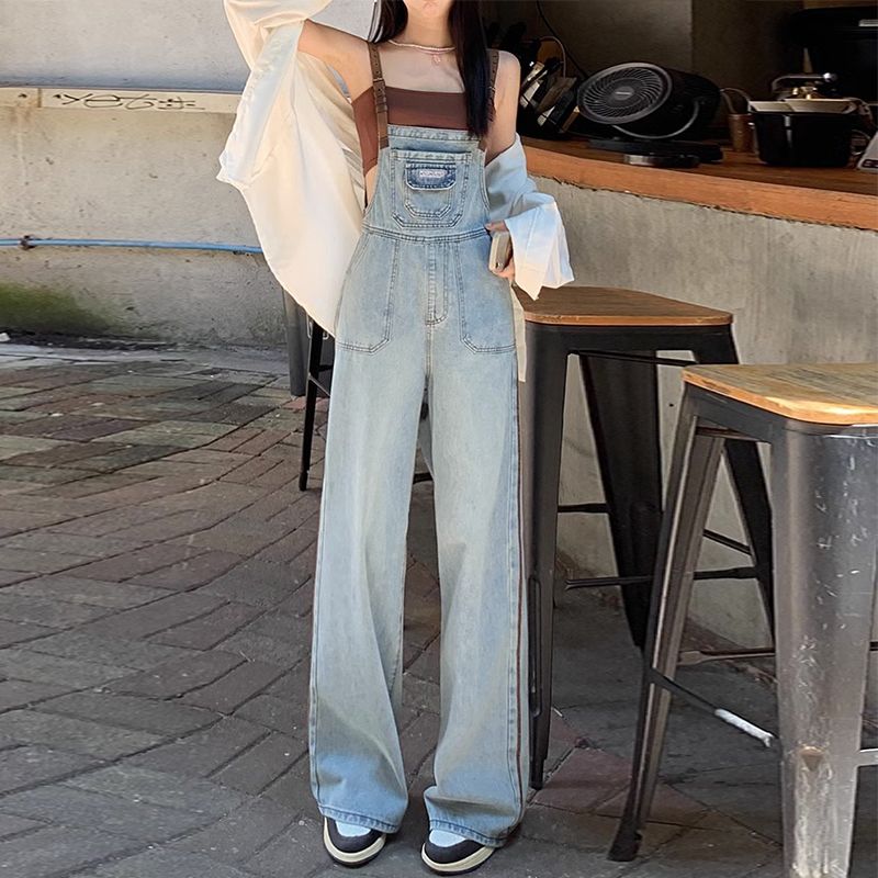 Korean retro black and gray overalls for women in spring and autumn lazy style ins loose wide legs slimming versatile casual suspender pants
