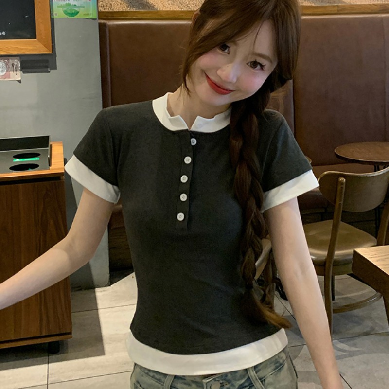 Real shot 1*1 cotton 260g short-sleeved T-shirt for women's summer 2025 new short slim contrasting color round neck Korean top