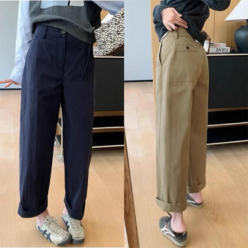 Khaki straight-leg casual pants for women in spring new large size fat girl mm pear-shaped body loose and slim wide-leg pants