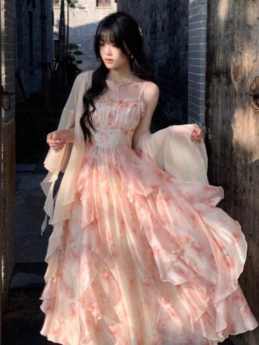 2025 summer new Eden oil painting smudge print waist-hugging ruffled suspender skirt Korean style dress