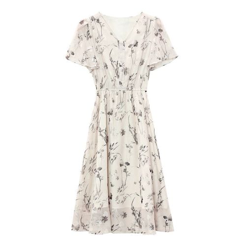 Real shot of Chinese style ink printing V-neck dress for women 2025 summer new lotus leaf sleeve mother chiffon skirt