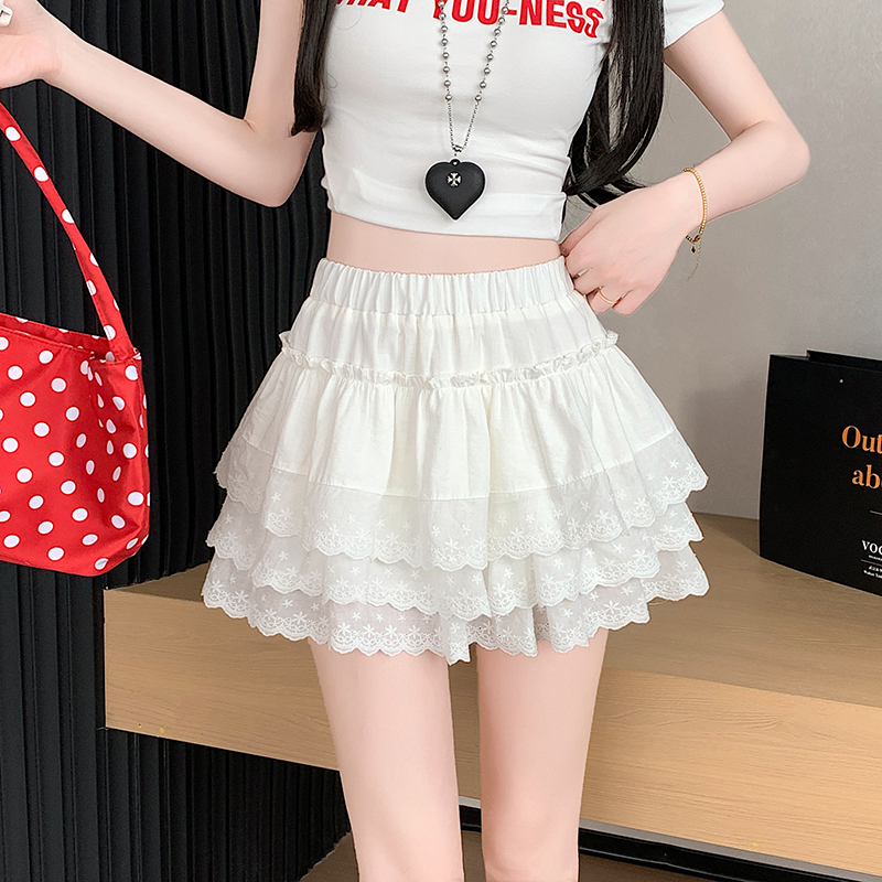 Real shot Korean hot girl with high waist slim lace skirt with anti-exposure A-line cake skirt