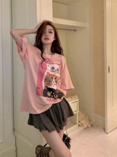 Douyin's popular shoulder-length loose 200g combed pure cotton back edge short-sleeved T-shirt printed