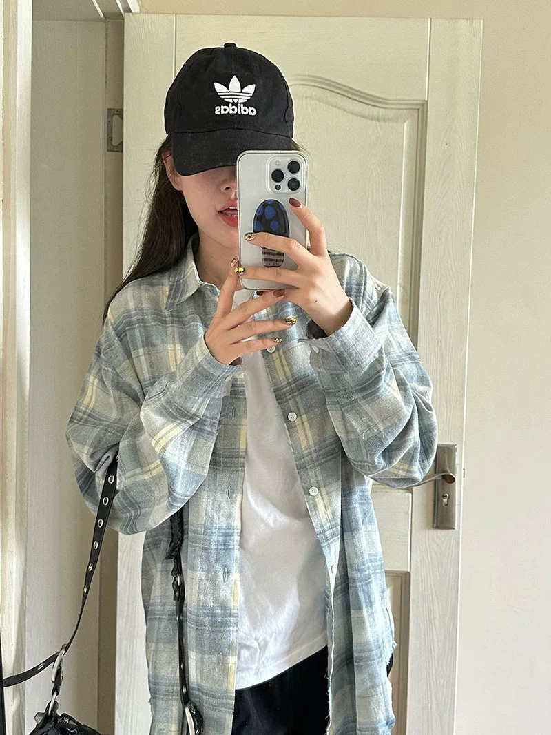 Women's haze blue French plaid shirt