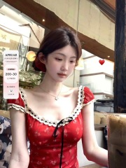 White water women summer cherry red dress women's new retro temperament hip fishtail skirt French floral skirt