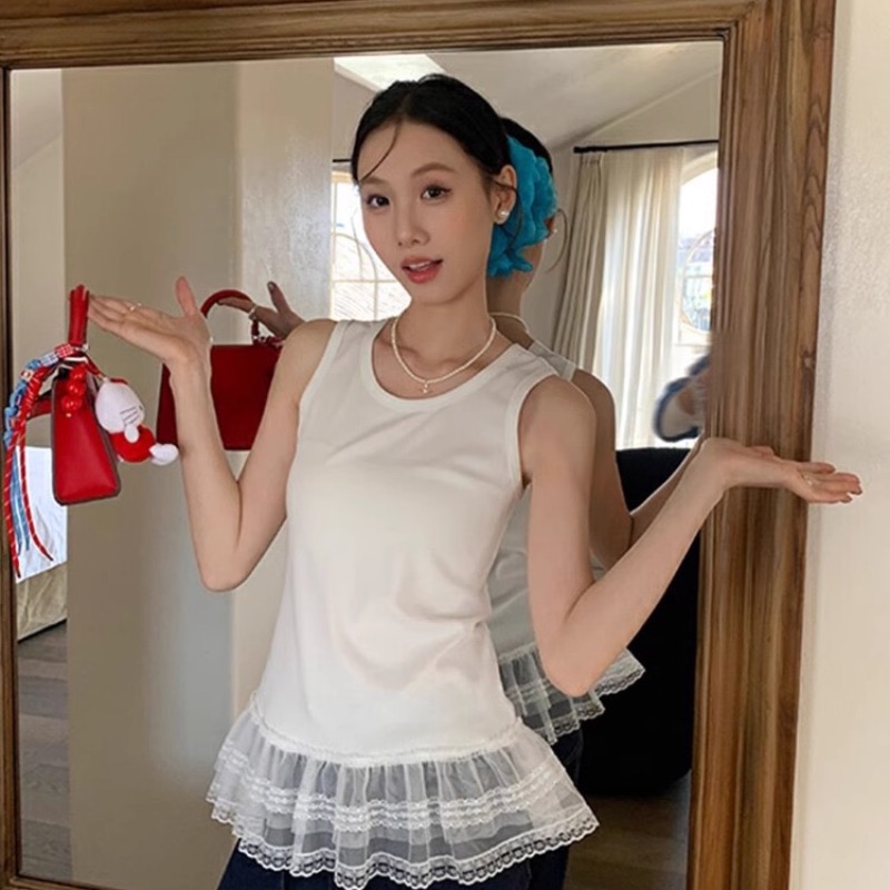 米婭米婭林新款2025早春時尚蕾絲拼接屁簾圍裙打底無袖背心上衣女