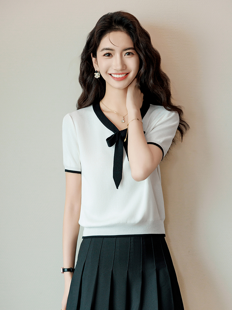 Real shooting of the new spring and summer short-sleeved ice silk knitted sweater female small fragrance bow tie color short short top 
