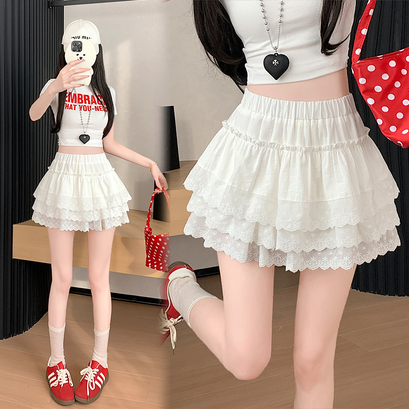 Real shot Korean hot girl with high waist slim lace skirt with anti-exposure A-line cake skirt