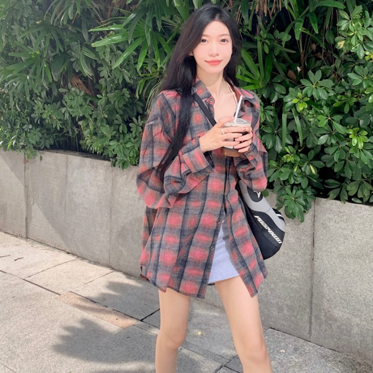 women's plaid contrast color lazy style sunscreen shirt