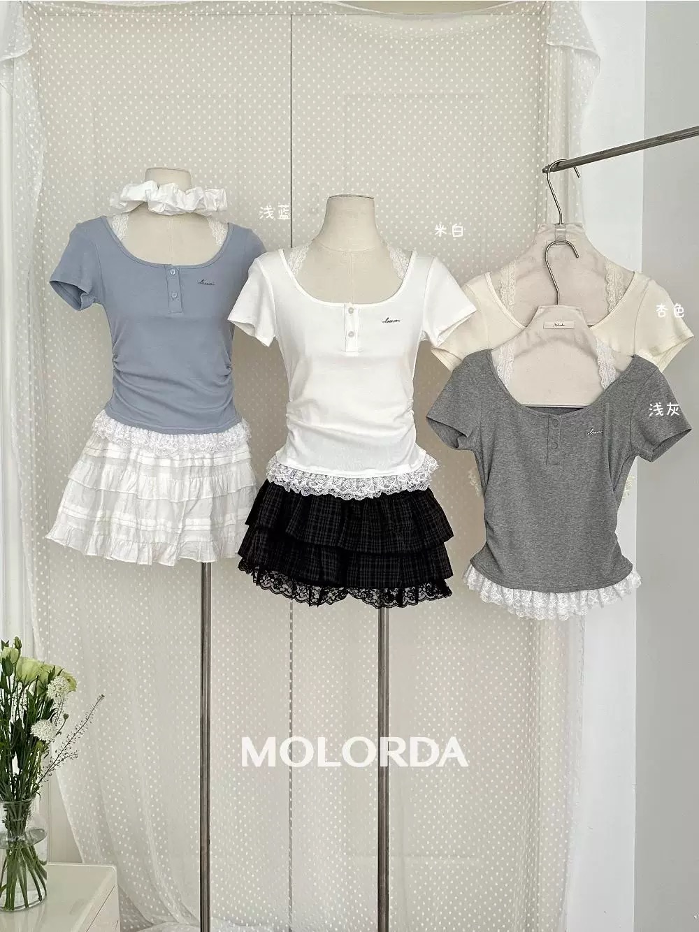 molorda ballet style lace spliced ​​short-sleeved T-shirt for women 2025 summer new short slim age-reducing top