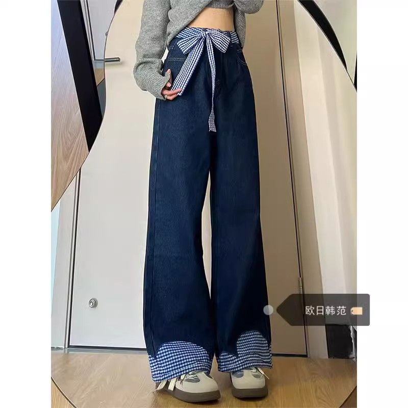 Natural astringent splicing loose wide-leg casual jeans for women 2025 spring bow tie straight floor pants