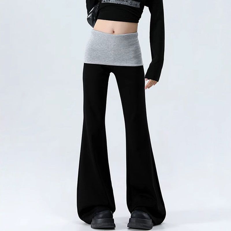 Black spliced ​​micro-flare trousers for women in spring new style design slim fit and floor-length casual pants