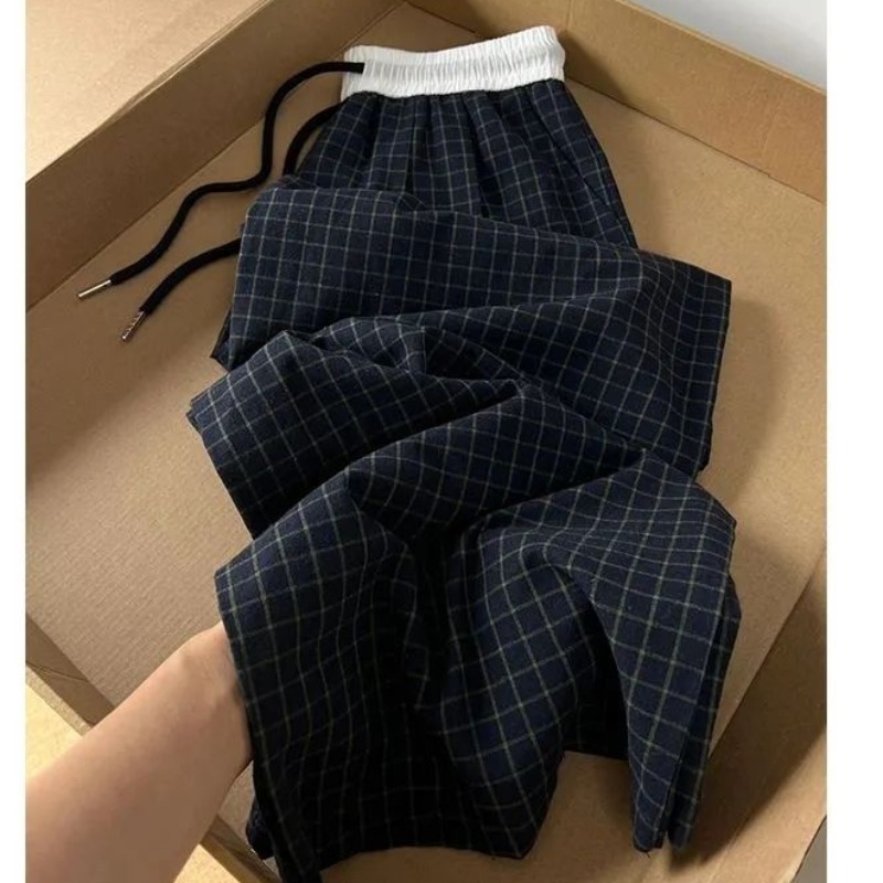 Retro contrasting plaid casual trousers for women with high waist straight slimming wide-leg trousers