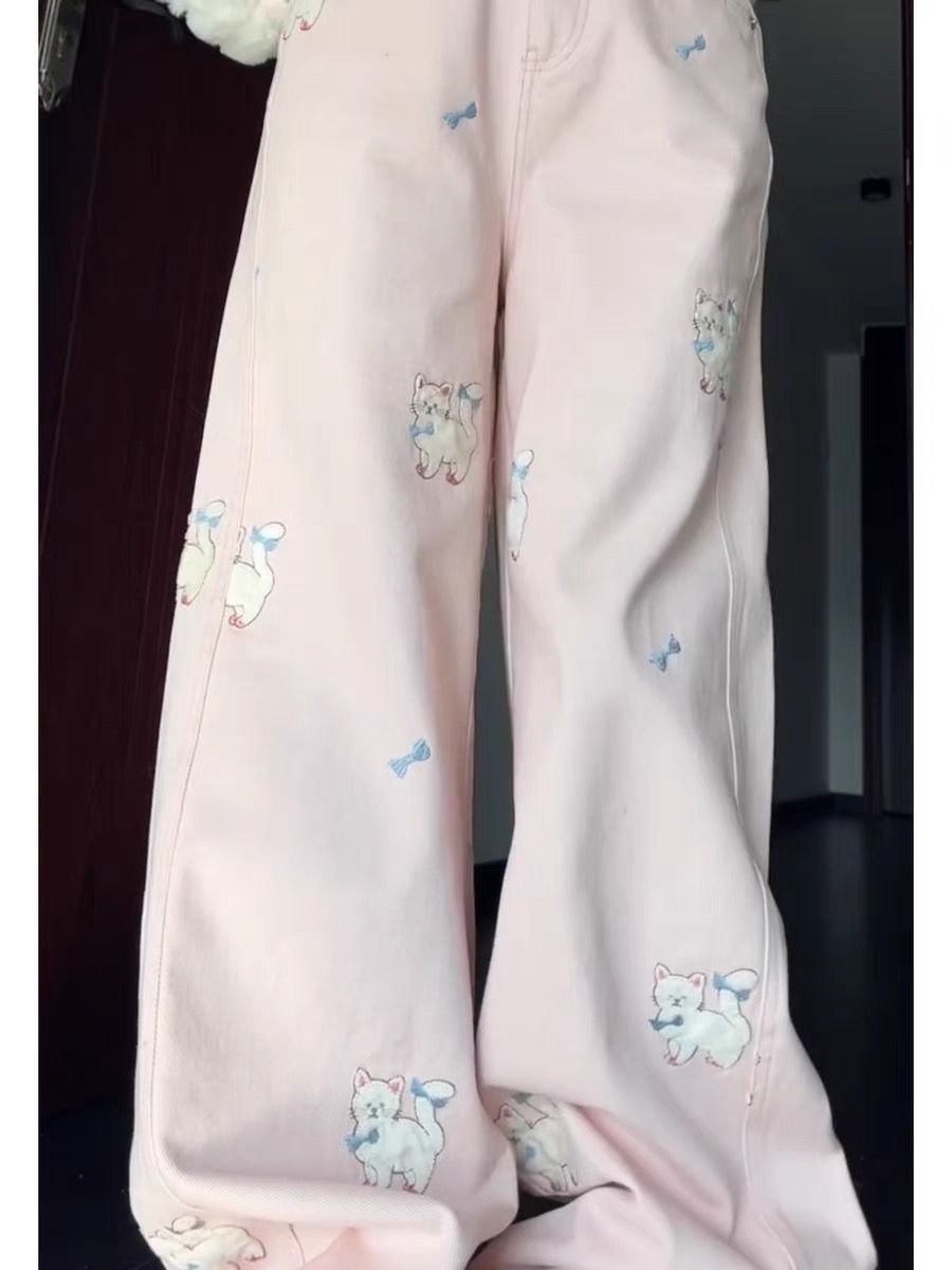 Original design kitten embroidered loose straight wide trousers for women versatile cute casual tight