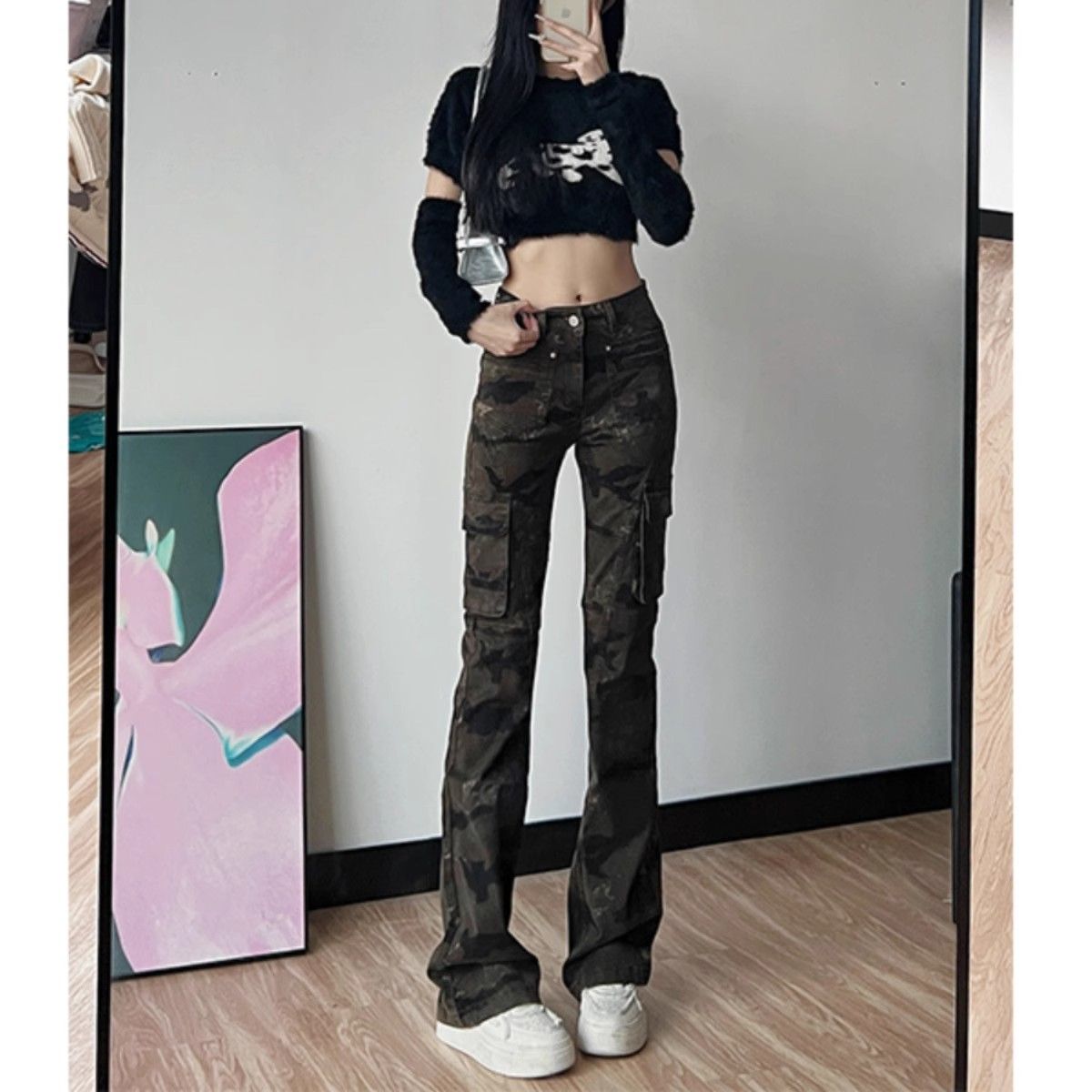 First launch of European and American street frying pants, old spliced ​​camouflage work pants, American high street vibe style light-flare camouflage pants