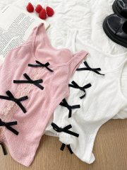 RENA少女感撞色蝴蝶結紐扣鏤空拼接花邊修身顯瘦短款吊帶背心上衣