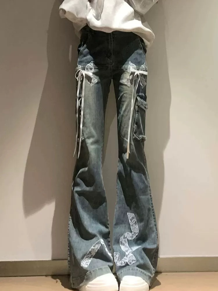 American retro lace bow jeans for women with spring and autumn hot girls high street design slim flared pants