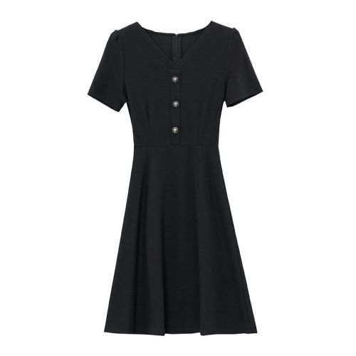 Real shot of V-neck Hepburn style slim and versatile little black skirt 2025 summer new puff sleeve women's dress
