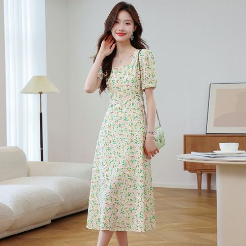 Real shot French retro floral dress for women new summer Korean version small waist-hugging chiffon skirt