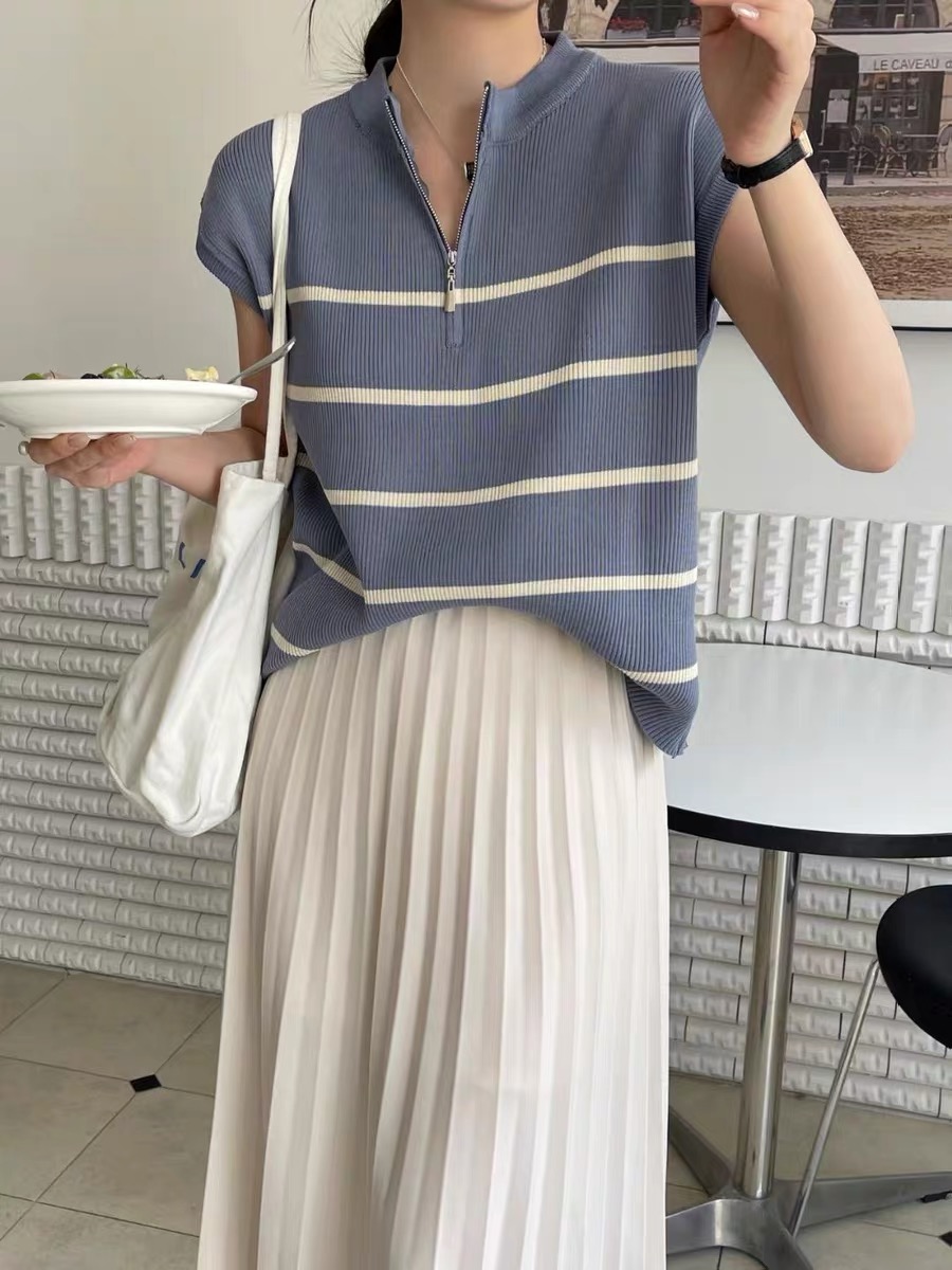 半拉鏈條紋針織坎肩短袖女春夏新款小個子韓系通勤穿搭氣質上衣女