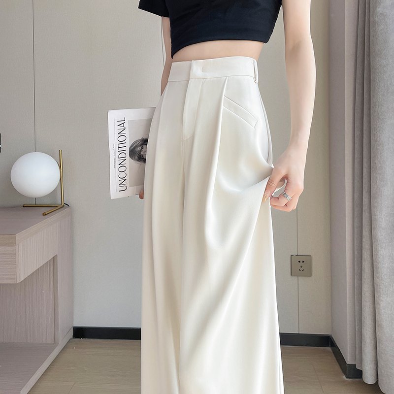 Real photos spot 2025 summer ice silk suit pants high waist narrow version wide-leg pants straight thin casual floor pants women
