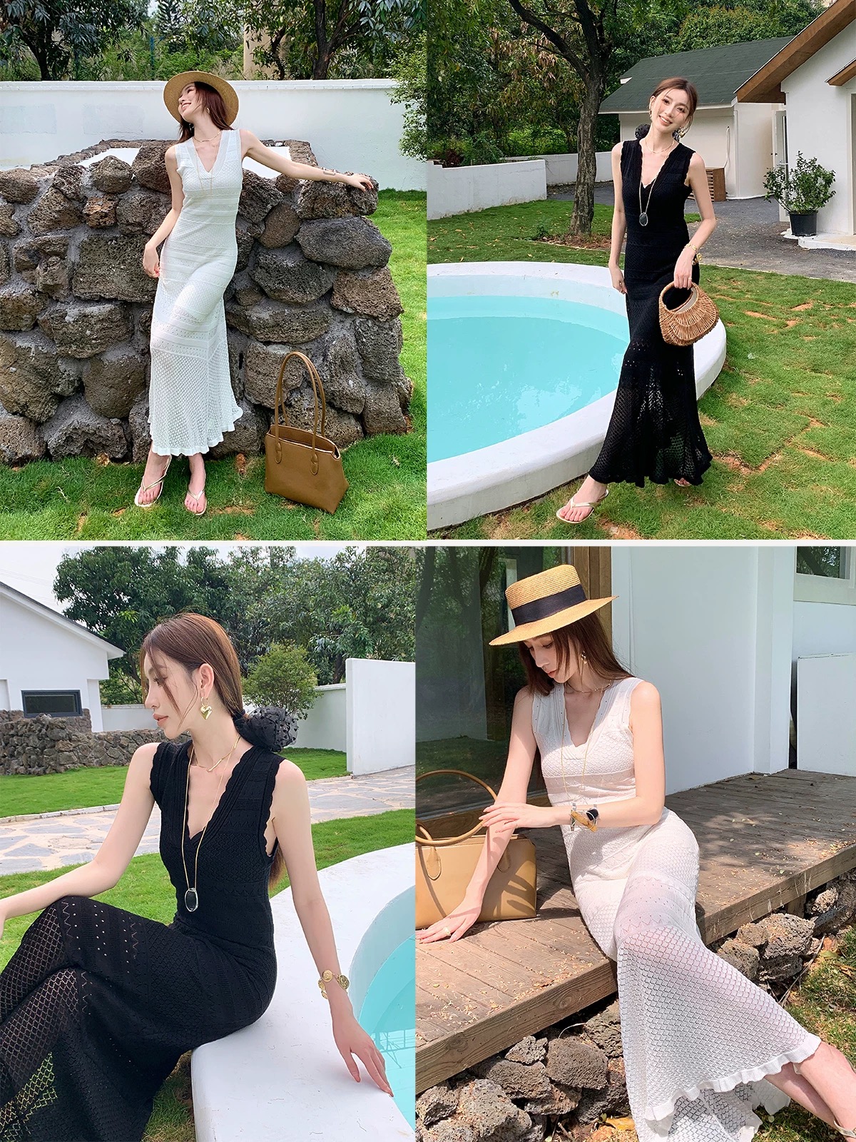 Light cloth high-end spring and summer new high-end v-neck slim fit 100% tiansi knitted hollow dress for women