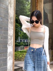 Summer Design Long-Sleeve Knit Cardigan Korean Style Versatile Casual Thin Air-Conditioning Shirt with Strap for Layering