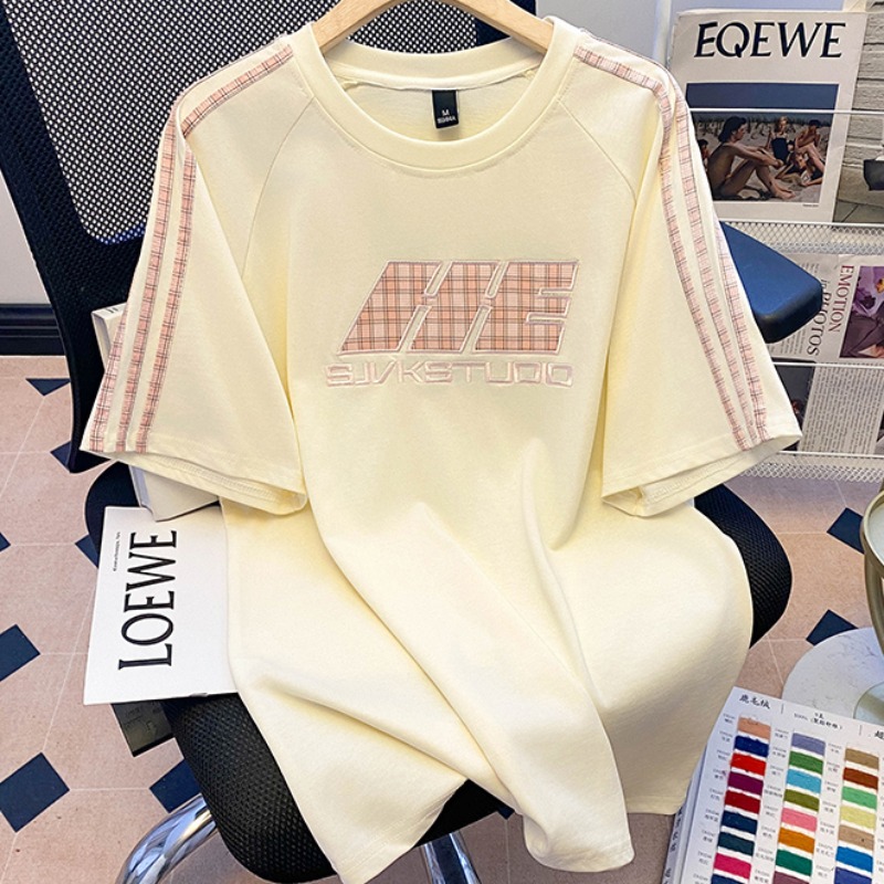 Real shot 220g pure cotton short-sleeved T-shirt summer 2025 trendy American striped loose mid-length round neck top Korean women's clothing