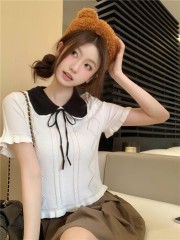 絕美娃娃領針織短袖女夏季t恤鏤空設計感撞色韓系喇叭袖甜美上衣