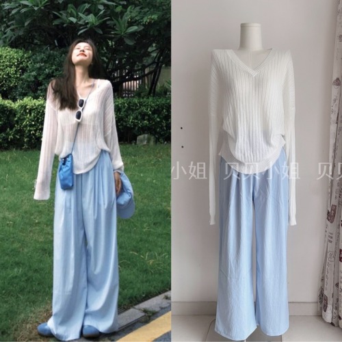 Spot summer refreshing drying lazy wind sun protection long-sleeved shirt drooping Yamamoto pants casual pants suit women's summer