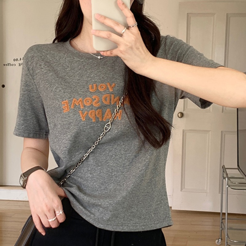 Real shot 1*1 pure cotton thread short-sleeved T-shirt for women's summer 2025 new embroidered short slim round neck Korean top