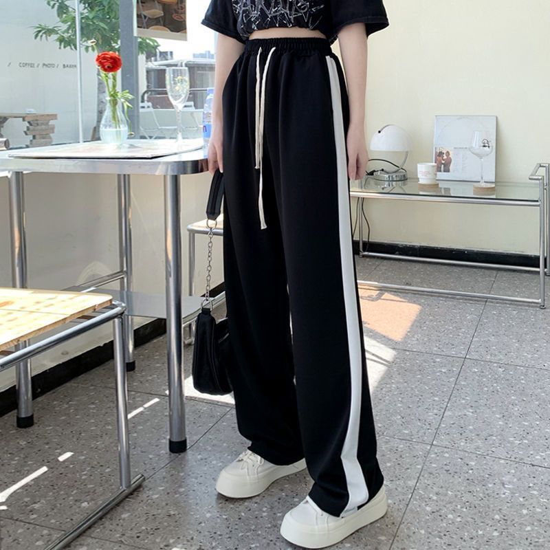 大碼80-300斤冰絲闊腿褲女夏季薄款學生拼接休閒運動百搭直筒褲