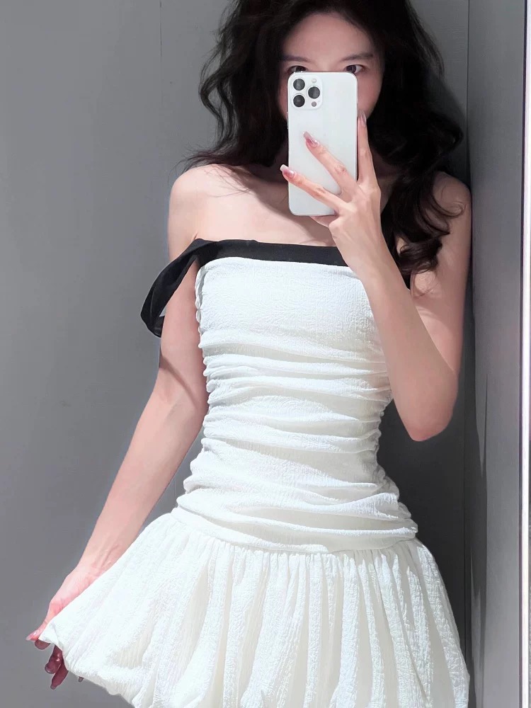 French white dress for women in summer pure sexy temperament slim and slim small sleeveless puffy skirt