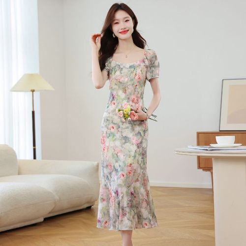 Real shot 2025 summer new oil painting floral dress French square collar fishtail long skirt women M