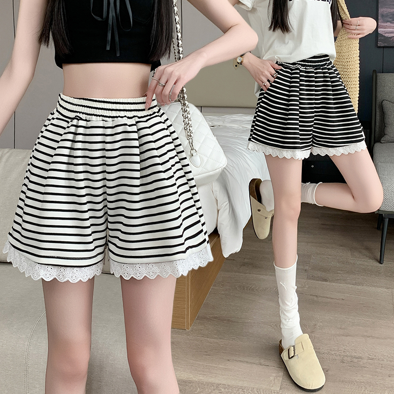 Women's Summer Casual Straight Leg Pants with Lace and Elastic Waistband, Shot Stripe, High-Waisted Wide Leg Shorts, Korean Style, Versatile
