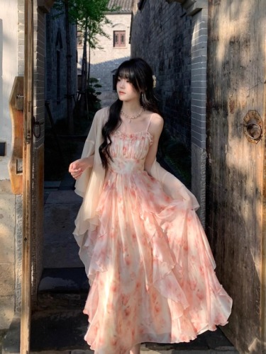 2025 summer new Eden oil painting smudge print waist-hugging ruffled suspender skirt Korean style dress
