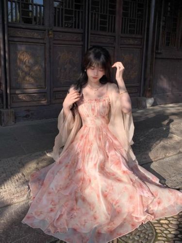 2025 summer new Eden oil painting smudge print waist-hugging ruffled suspender skirt Korean style dress