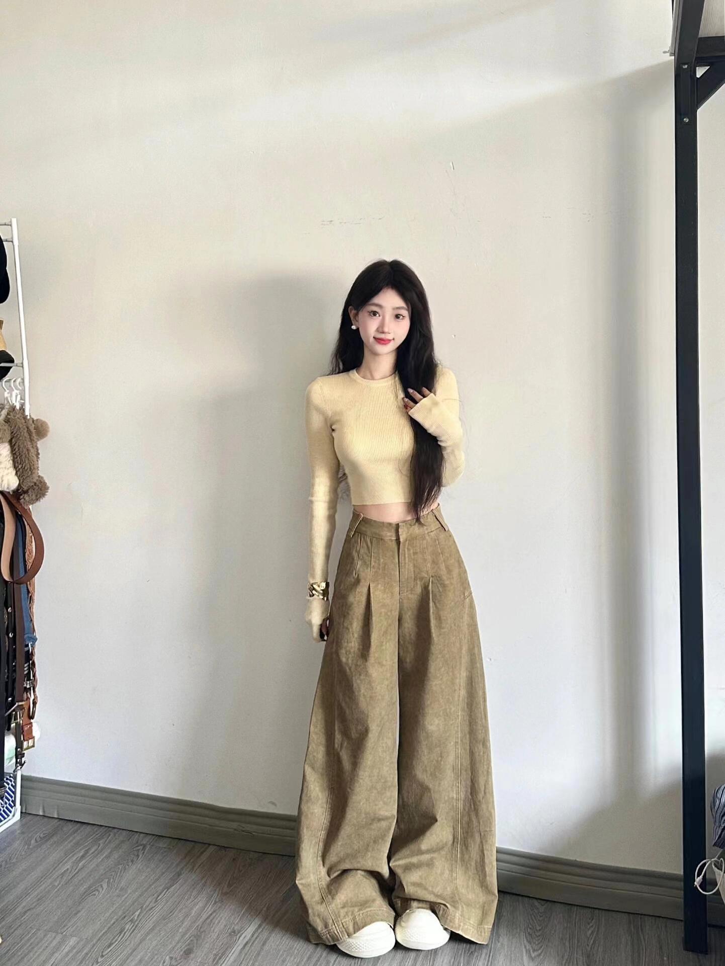 Butter painting split old washing leaves yellow jeans loose slim design wide-leg pants