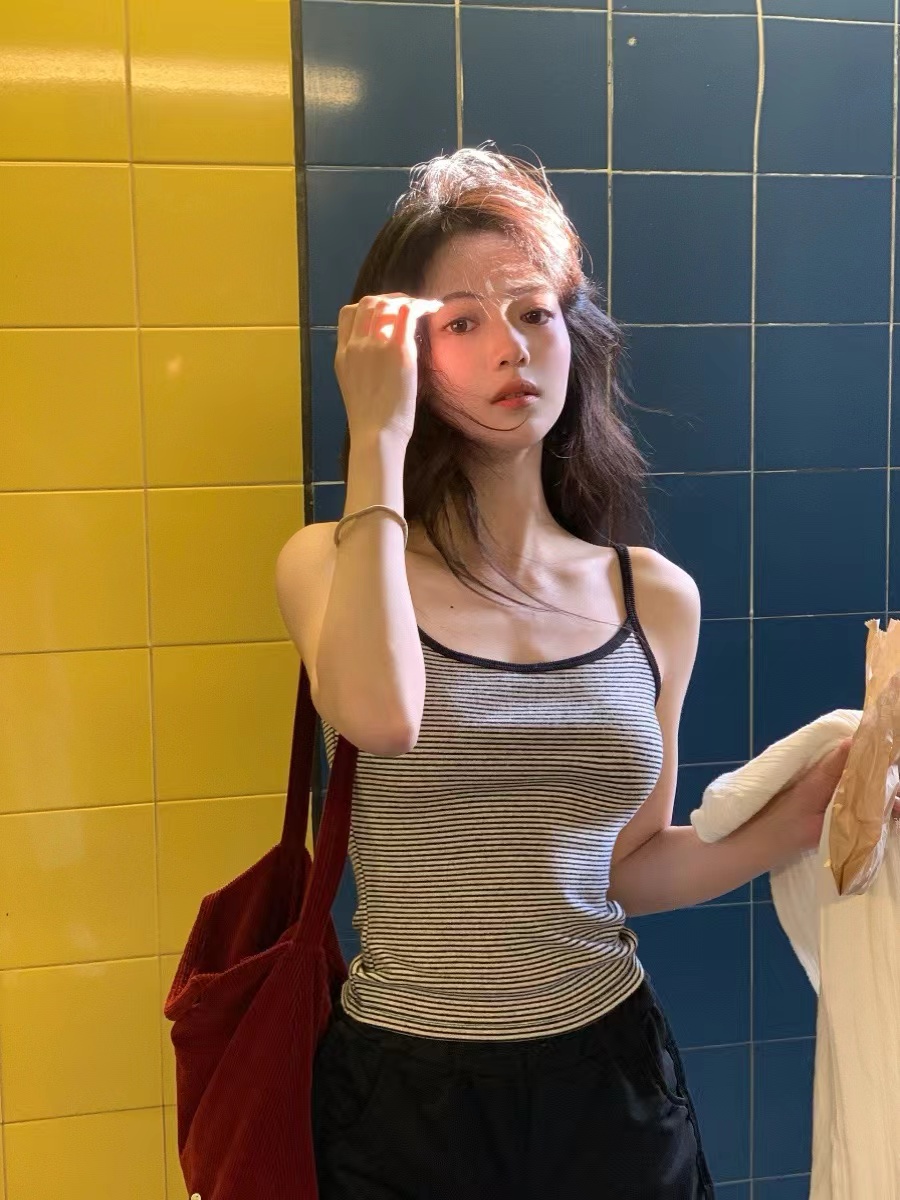 灰色條紋露背吊帶背心女夏夏季海邊度假性感辣妹美背內搭外穿上衣