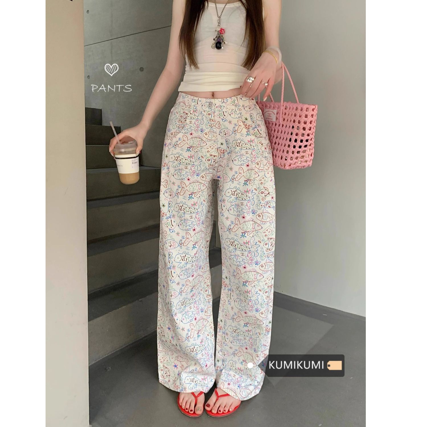 塗鴉小魚斜紋褲女2025新款白色卡通印花高腰寬鬆直筒闊腿拖地褲子