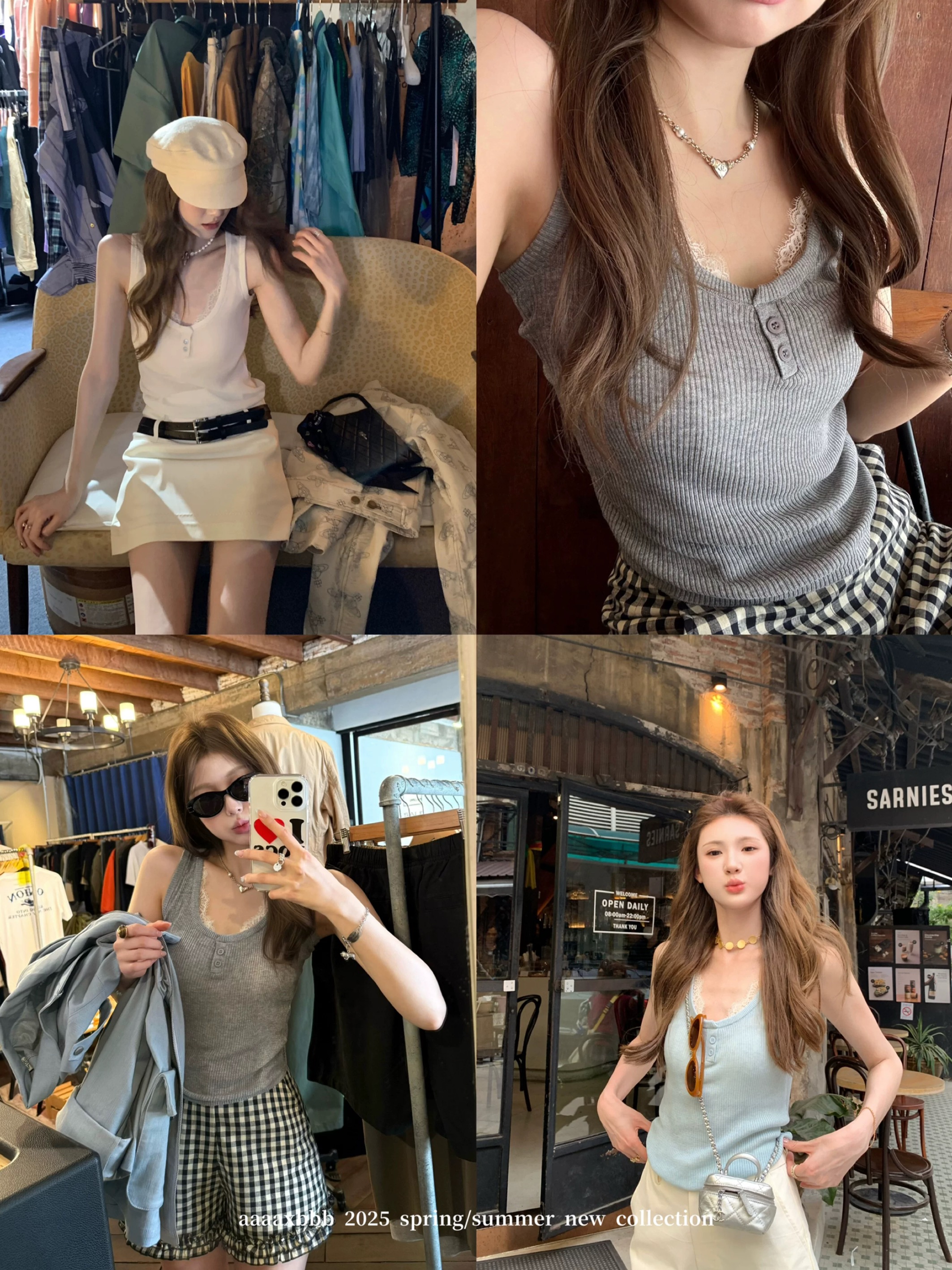 aaaaxbbb master style three-color linen fake two-piece lace vest splicing breastless pad slim body clothes for women