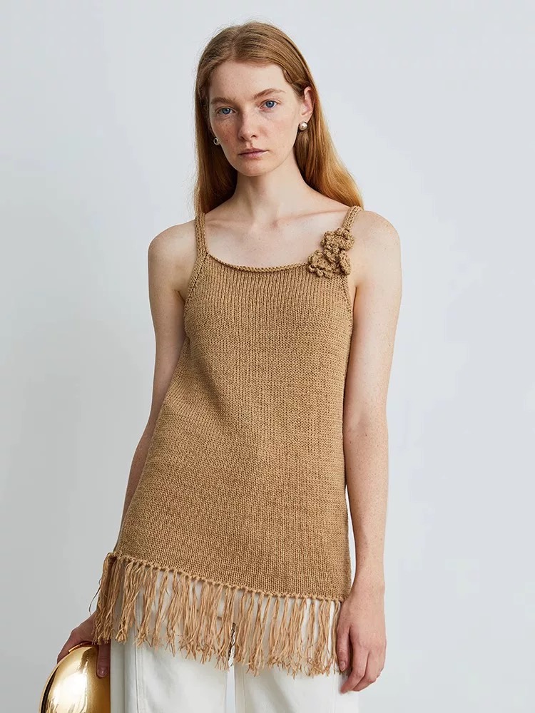 ROHEME flower tassel knitted suspender vest for women's summer new high-end niche design tops outside wear