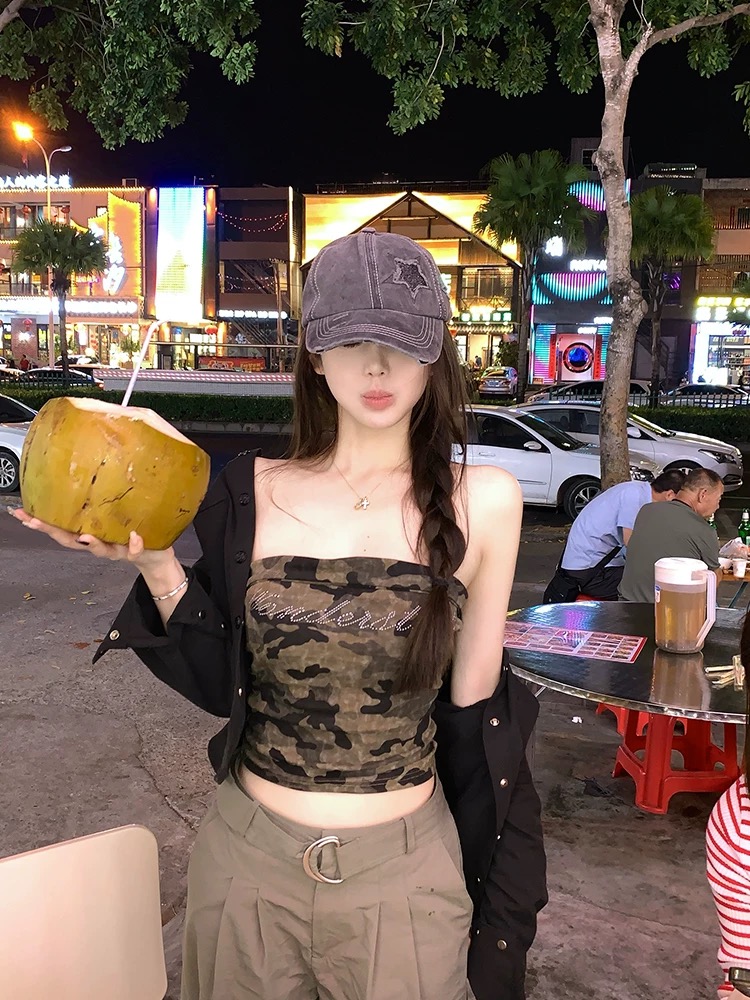 Titi girl under the bottom of the hottie girl strapless women summer American retro inner wear camouflage wrapping top