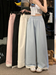 Real shot of spring and summer retro washing cotton-edged wide-leg pants high waist slimming draped straight loose casual pants